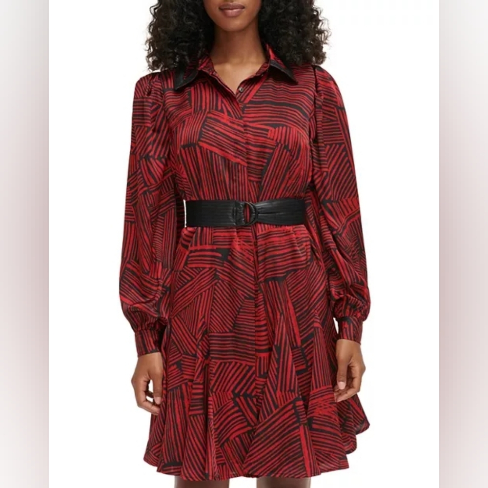 karl Lagerfeld  Striped knee length Dress Collar Neck Size 10 Elegant Feminine